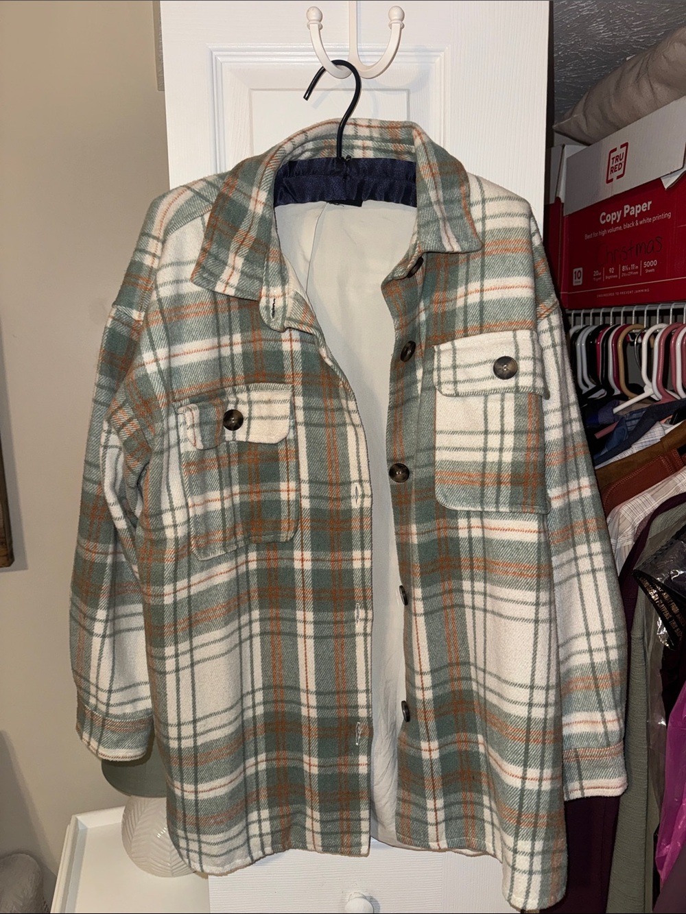 Forever 21 Plaid Shirt Jacket in Cream, Sage & Rust